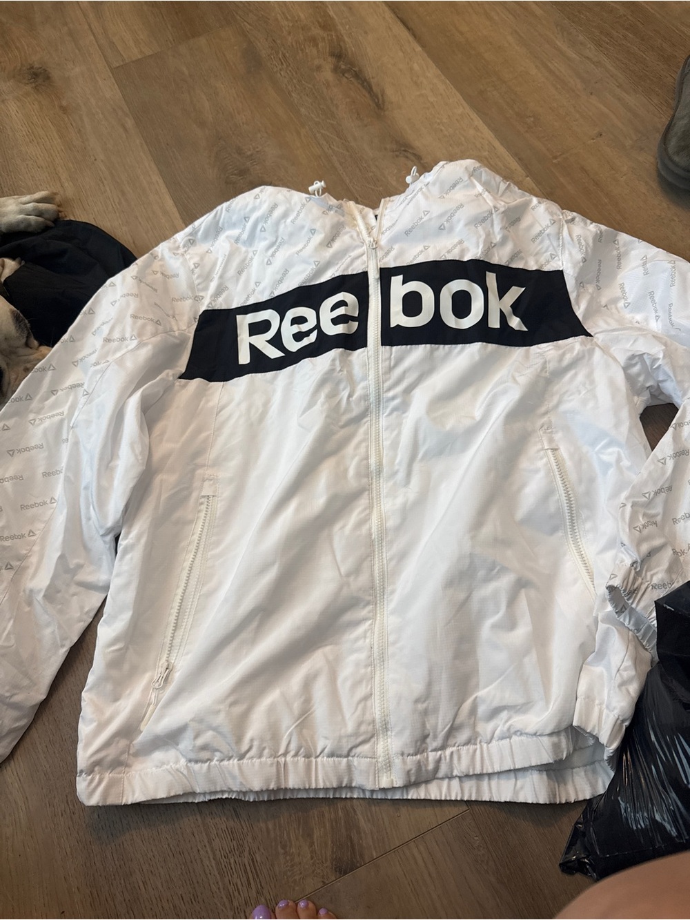 Reebok White Windbreaker Jacket with Black Logo Panel